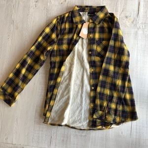 Gold and navy plaid button up